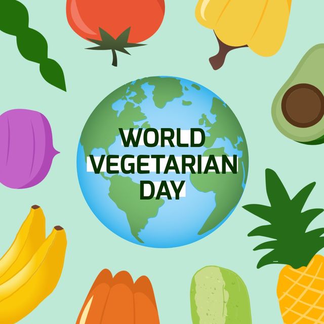 Square image of world vegetarian day text with globe and fresh vegetables. World vegetarian day campaign.