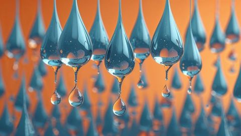 Blue droplets suspended in orange sky, reflective surreal art