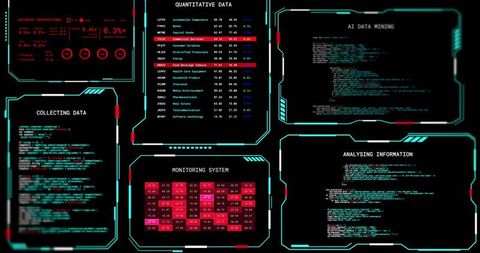 Futuristic cyber dashboard displaying ai code panels and quantitative analytics