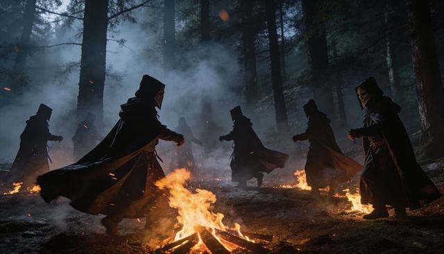 Hooded figures circling bonfire in misty moonlit forest performing eerie nocturnal ritual