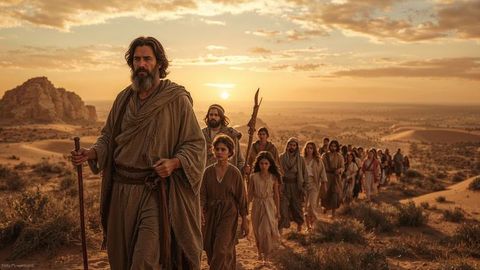 Pilgrims traversing sandy desert at sunset in earth-toned robes