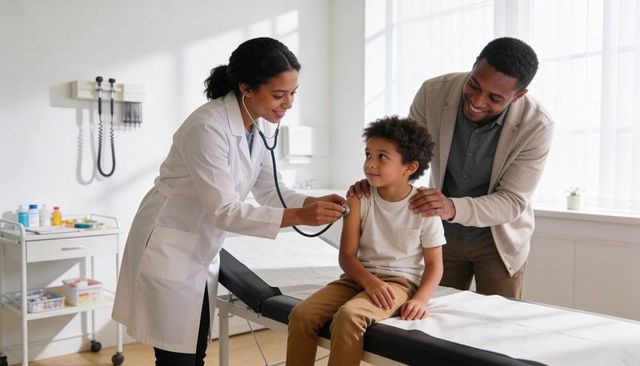 Pediatrician examining child with stethoscope while father providing support at clinic