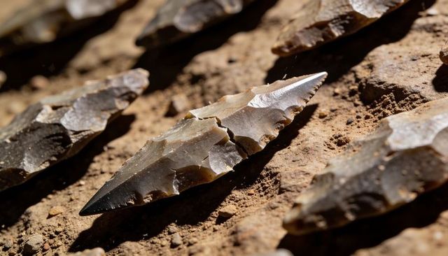 Bifacial flint projectile point resting on dry soil showing knapped edge detail and archaeological c