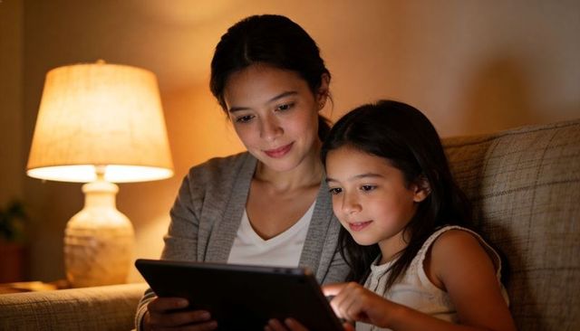 Mother and daughter sharing tablet on sofa at night, bonding and learning together