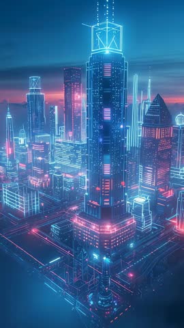 Vertical video circling neon metropolis tower with pulsing lights above clouds