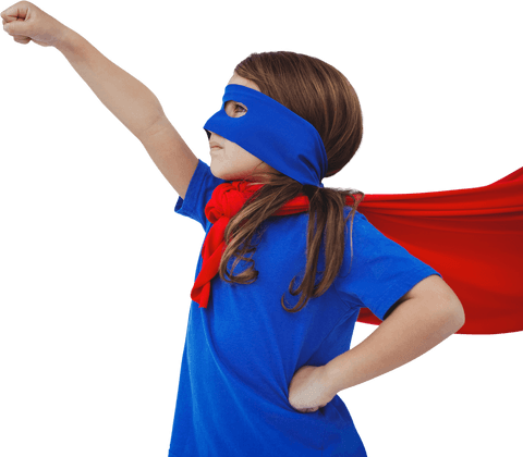 Transparent Masked Girl Pretending to be Superhero in Iconic Pose
