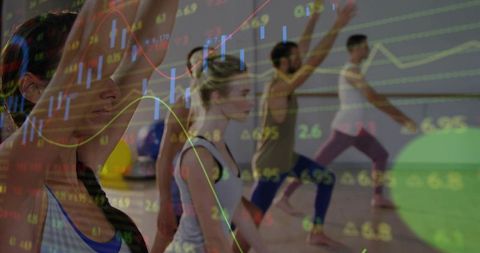 Group practicing lunges and balance with market data overlay representing fitness growth