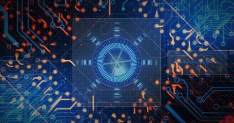 Futuristic Holographic HUD Emitting Cyan Amber Signals Over Neon Circuit Grid Digital Hub