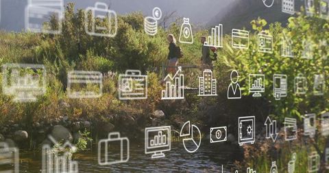 Walking hikers navigating sunlit riverside trail with floating finance icons, data concept