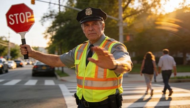 Traffic officer directing crosswalk traffic with stop paddle and hi-vis vest at sunset