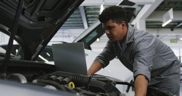 Young Male Mechanic Using Laptop to Diagnose Car Engine - Download Free Stock Images Pikwizard.com