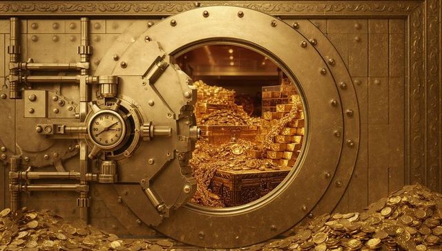 Opening bank vault revealing overflowing gold bars, coins and ornate treasure hoard