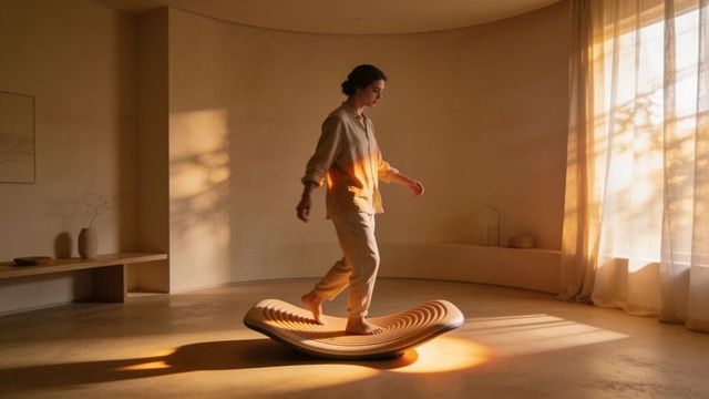 Woman balancing on curved wooden balance board in sunlit minimalist studio for wellness