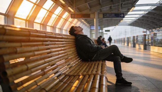 Commuter leaning back on slatted bench soaking golden hour light at empty transit platform