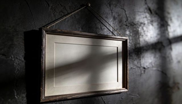 Worn wooden frame hanging in dusty attic with off-white mat and dramatic diagonal shadow