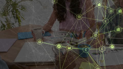 Businesswoman Engages with Futuristic Data Network Interface