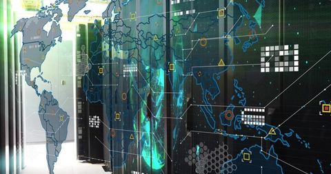 Futuristic Data Center Rack with Global Network Overlay and Neon Turquoise Visualization