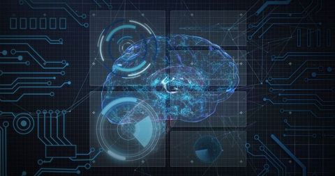 Futuristic Holographic Brain with HUD Graphics on Interface