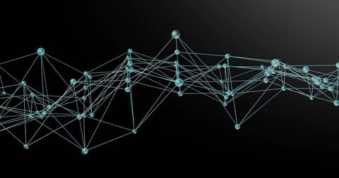 Undulating teal node network forming futuristic data mesh with glossy spheres and connecting lines