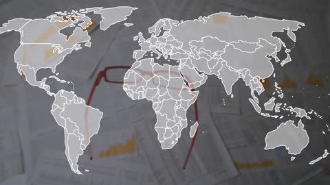 World Map Overlay on Documents with Glasses for Global Business