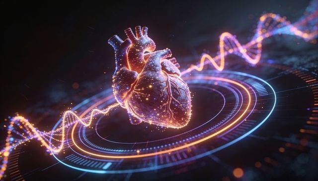 Holographic heart pulsing over futuristic hud with dna waveform and neon data streams