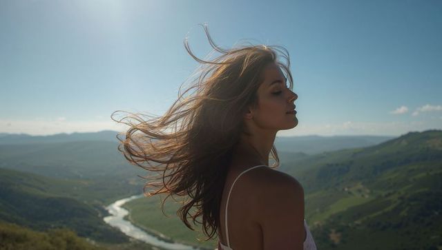Gazing woman with windblown hair on sunlit hillside overlooking winding river