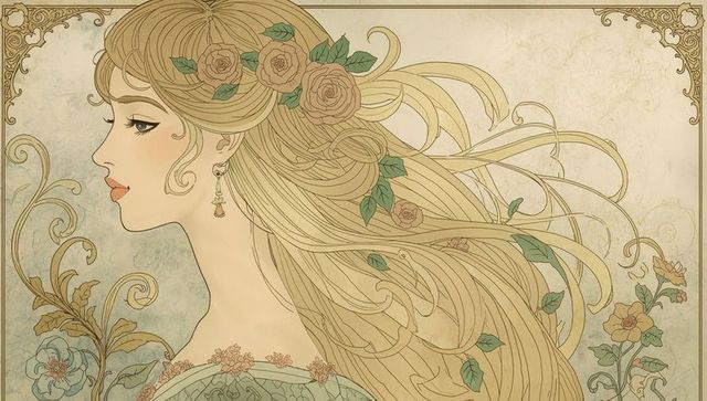 Art nouveau woman with floral hair in elegant style