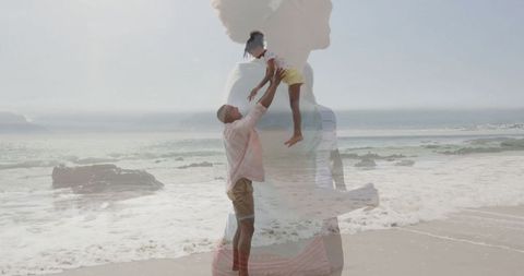 Father Lifting Daughter on Tranquil Beach with Mother’s Silhouette