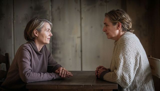 Two mature women facing each other at wooden table sharing quiet conversation in rustic interior
