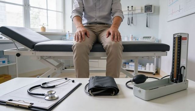 Male patient sitting on exam table with stethoscope and blood pressure cuff in clinic