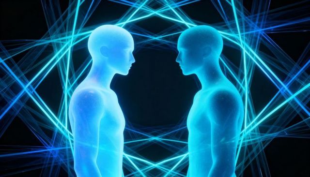 Facing holographic figures converging in neon blue energy grid and geometric light