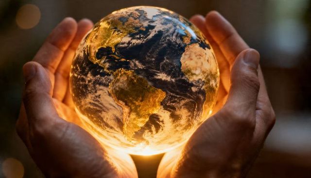 Hands holding glowing earth globe in warm light symbolizing care, sustainability and hope
