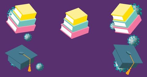 Books and Graduation Caps Amidst Floating Viruses on Purple Background