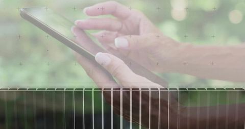 Mature woman tapping tablet on railing with digital bar and grid overlay, soft bokeh double exposure