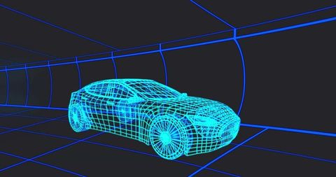 Futuristic 3d wireframe car in virtual tunnel