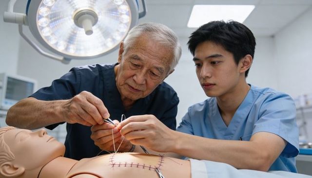 Senior surgeon guiding trainee suturing torso mannequin in operating room surgical training