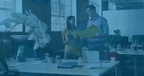 Business Professionals Discussing in Modern Office with Data Overlay