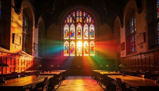 Sunlit gothic hall with stained-glass rainbow beams lighting long wooden study tables