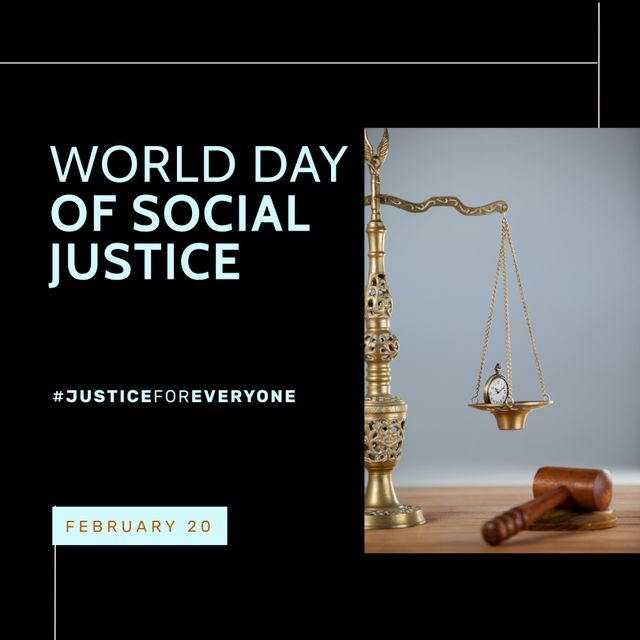 Composition of world day of social justice text and justice scales. World day of social justice, court and justice system concept digitally generated image.