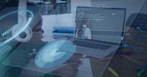 Child learning coding on laptop with headset and holographic hud overlay for edtech