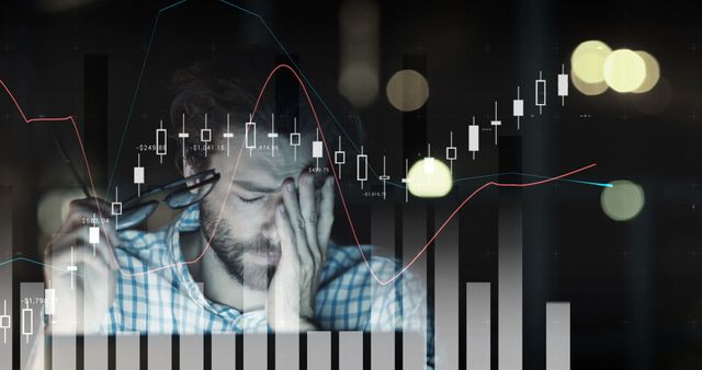 Depicts a trader feeling stressed while monitoring stock market trends at night. Ideal for themes related to trading, finance, economics, and business analysis. Can be used in articles, blogs about stock market volatility, financial stress, and investment challenges.