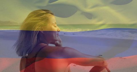 Woman Sitting on Sandy Beach Facing Horizon with Tricolor Overlay, Tranquil Contemplation