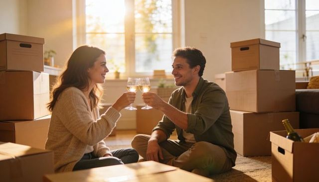Young couple toasting wine in new home surrounded by moving boxes at golden sunset