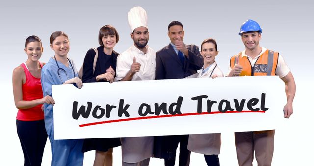 Portrait of various professional holding placard of work and travel against white background