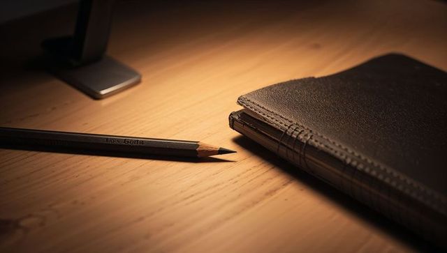 Warm desk glow illuminating leather notebook and sharpened pencil on wooden workspace