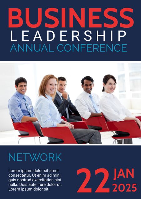 Printed poster or digital promotional material for marketing and communication departments advertising a business leadership conference aimed at professionals. Ideal for highlighting themes of confidence, teamwork, and networking opportunities.