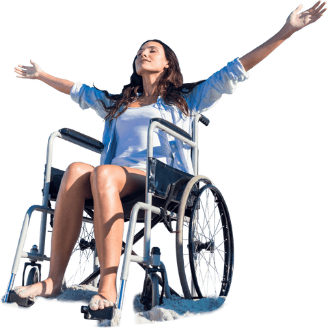 Confident woman in wheelchair with open arms on transparent background