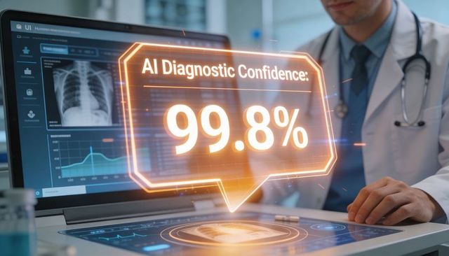 Ai diagnostic confidence 99.8% displayed on medical tablet with doctor radiology dashboard