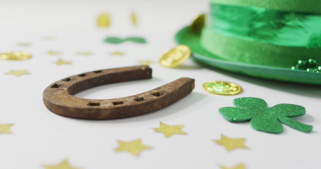 Shamrocks and stars with green hat with horseshoe with copy space on white background. Irish tradition and st patrick's day celebration concept digitally generated image.
