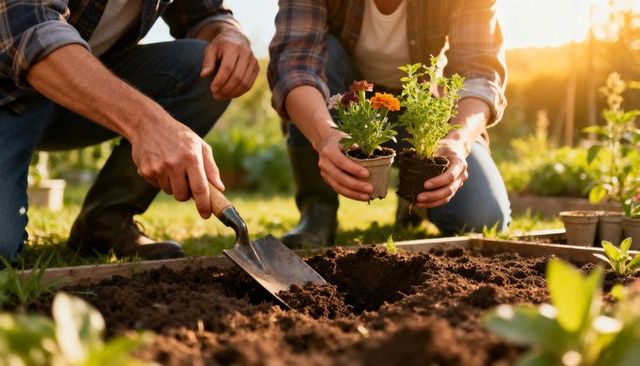Couple planting colorful seedlings in backyard garden bed during golden hour
